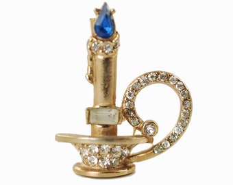 Vintage Rhinestone Candle Holder Brooch Pin with Blue Flame