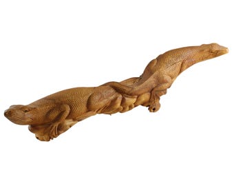 Large Vintage Hand Carved Wood Sculpture Featuring Two Monitor Lizards