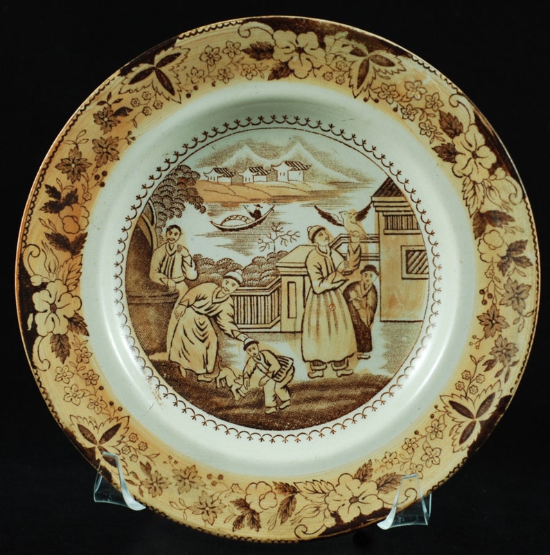 Antique 19th Century Chinoiserie Brown Transferware Plate and Etsy