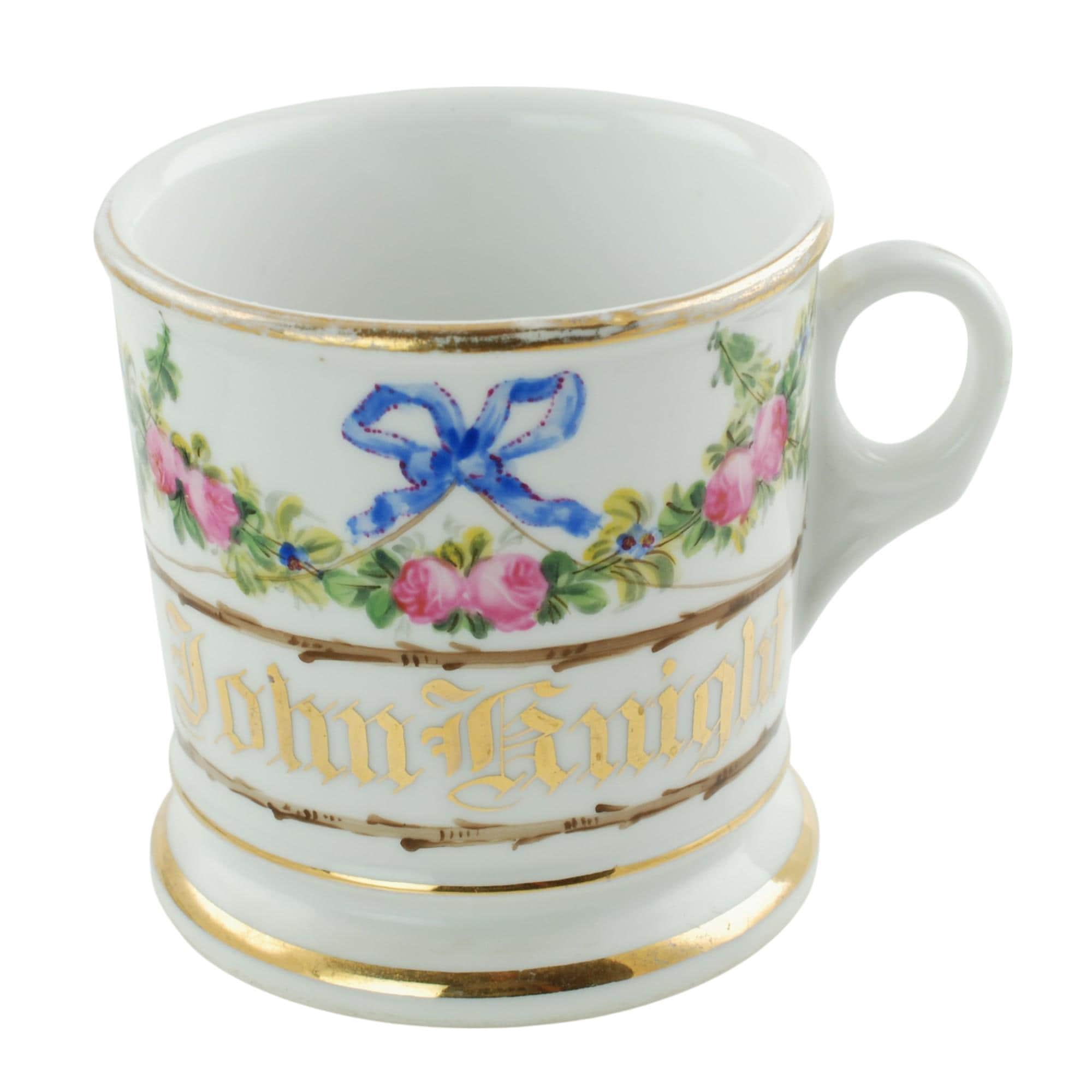 Antique Floral Shaving Mug Rose Garland and Blue Ribbon Bow Hand Lettered Gilt Name John Knight KPM Porcelain