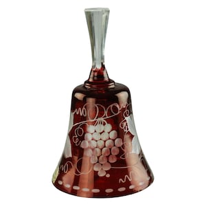 Vintage Egermann Czechoslovakia Ruby Red Cut to Clear Engraved Crystal Table Bell, Grape Cluster and Foliate Motif
