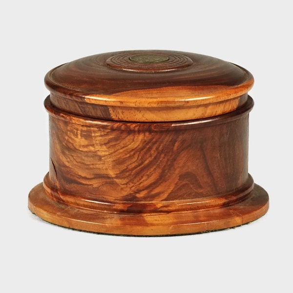 Vintage Turned Lignum Vitae Wood Cylindrical Box with Jamaican Farthing Coin Accent