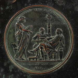 Antique Continental 19th Century Neoclassical Tazza Bronze Relief Plaque VIRGILIVS APVD MECENATEM Palmette Handles and Pinecone Finials image 3