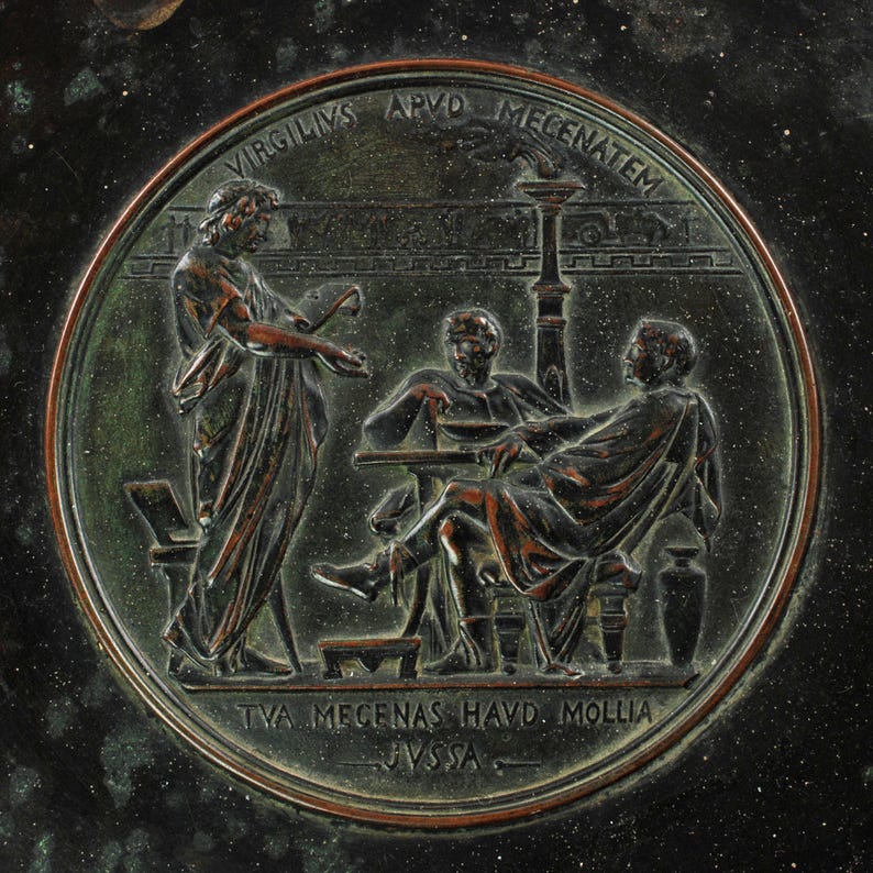 Antique Continental 19th Century Neoclassical Tazza Bronze Relief Plaque VIRGILIVS APVD MECENATEM Palmette Handles and Pinecone Finials image 3