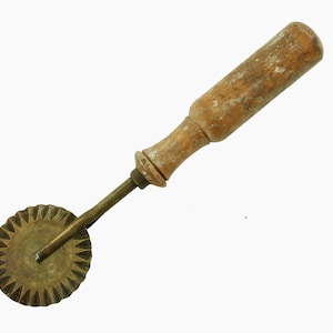 Antique German Solid Brass Fluted Pastry Crimper Tool with Turned Wood Handle