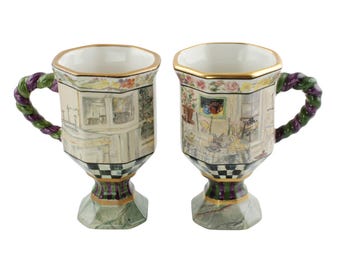 Vintage MacKenzie-Childs MacLachlan Collection Octagonal Pedestal Mugs, Set of 2, Discontinued Pattern