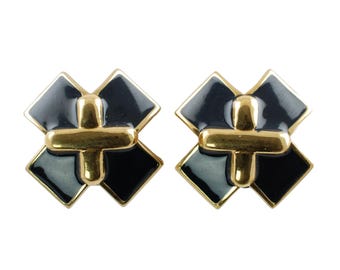 Vintage St John Collection by Marie Gray Navy Blue and Gold Tone Crisscross Clip-Back Designer Earrings