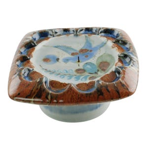 Vintage Ken Edwards Signed Tonala Pottery Pillar Candle Holder Hand Painted Bird and Butterfly Floral Motif