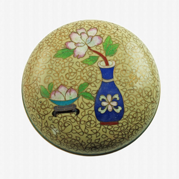 Round Japanese Cloisonne 4" Circular Box with Unusual Floral and Fruit Motif, Pink Peony in Blue Vase, Pink Fruit in Bowl