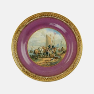 Antique Mauve Pink F&R Pratt 7.25&quot; Plate &quot;Landing the Catch&quot; with 123 Border