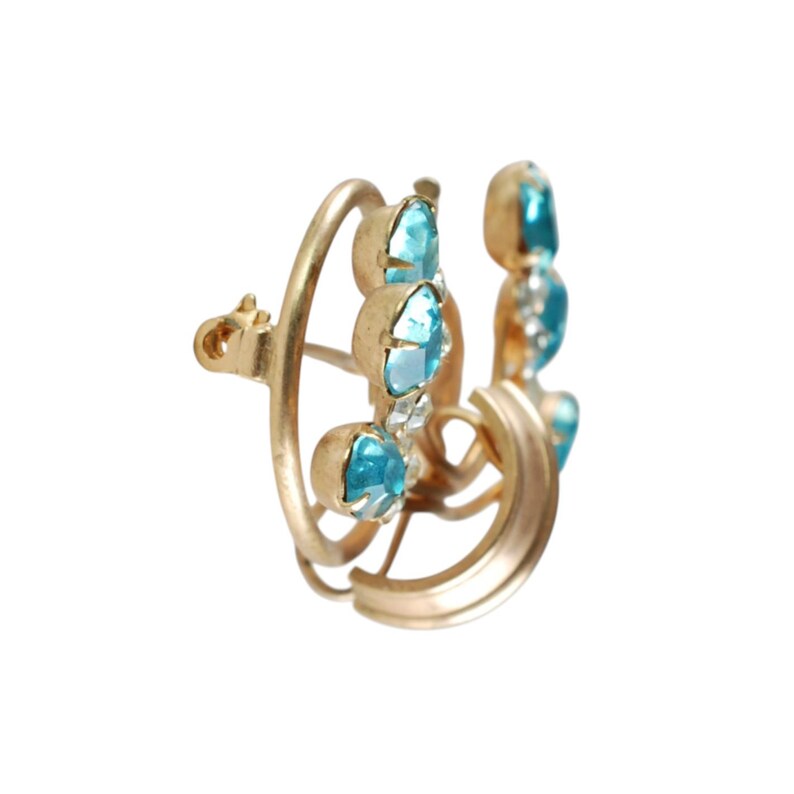 Vintage Unsigned Phyllis Demi Parure Teal and Clear Rhinestone Brooch and Screwback Earring Set, Something Blue Wedding Jewelry image 3
