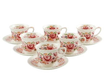 Vintage Margaret Rose Johnson Brothers Windsor Ware Demitasse Cup and Saucer Set with Hand Painted Accents 12 Pieces