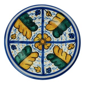 Vintage Figas DJO 18 Hand Painted 4.5" Catch-All Dish, Made in Spain, Green and Yellow Leaves, Yellow and Blue Flowers, European Decor
