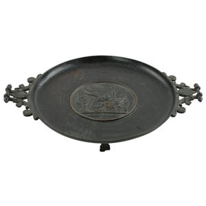 Antique Continental 19th Century Neoclassical Tazza Bronze Relief Plaque VIRGILIVS APVD MECENATEM Palmette Handles and Pinecone Finials image 2
