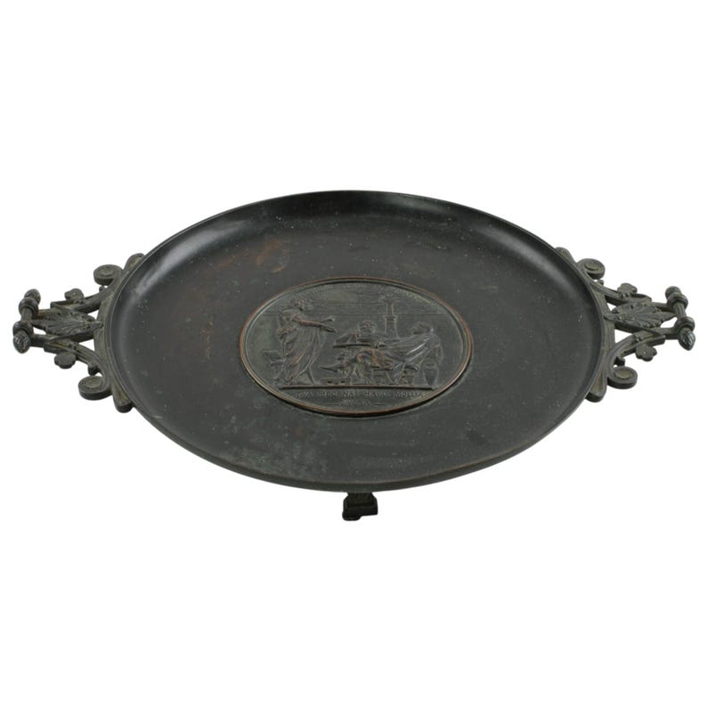 Antique Continental 19th Century Neoclassical Tazza Bronze Relief Plaque VIRGILIVS APVD MECENATEM Palmette Handles and Pinecone Finials image 2