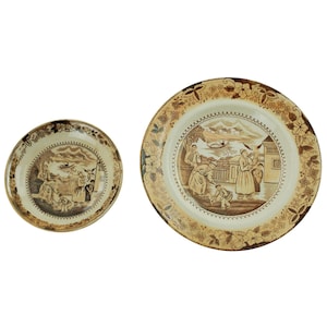 Antikes 19th Century Chinoiserie Brown Transferware Teller und Schüssel Set, Falkner und Mongol Huntsman/Sana Muster