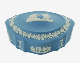 Vintage Wedgwood Blue Jasperware Trinket Box with Cherub and Foliate Motif Domed Lid