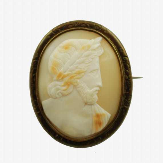 Antique Hand Carved Zeus Shell Cameo Brooch Pin w… - image 1