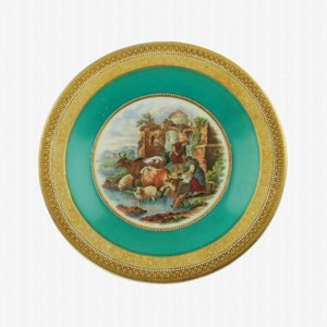 Antique F&R Pratt &quot;The Rustic Laundrywoman&quot; 8.875&quot; Green Plate with 123 and Extra Buff Scroll Border