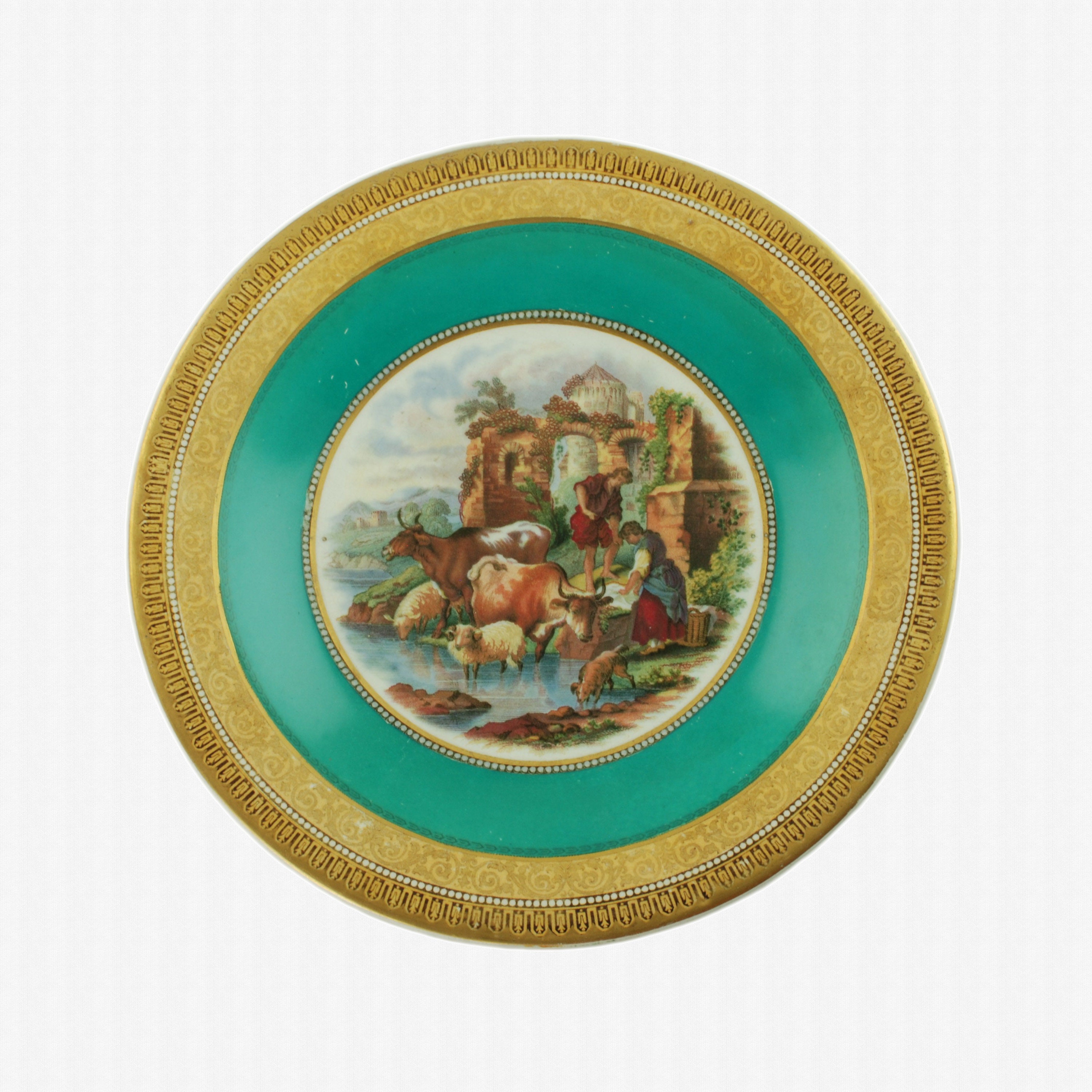 Antiguo F&R Pratt "The Rustic Laundrywoman" 8.875" Placa verde con 123 y borde de desplazamiento extra Buff