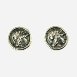 Vintage Goddess Athena Sterling Silver Replica Greek Coin Stud Earrings
