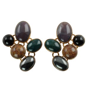 Large Vintage Judith Spencer Sterling Silver Vermeil Earrings with Semiprecious Cabochons, 35.4 Grams