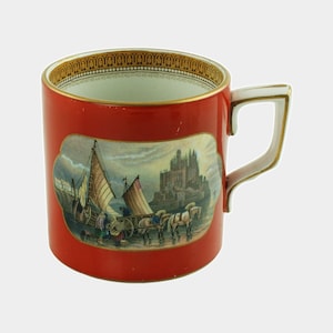 Large Antique Red Prattware Gilt Trimmed Mug Featuring &quot;St Michaels Mount&quot; #407 and &quot;Village Scene on the Continent&quot; #398