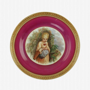 Antique F&R Pratt &quot;Strawberry Girl&quot; Transfer Decorated Pink 8.5&quot; Plate with 123 Border