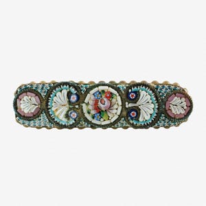 Antique Italian Micromosaic Floral and Foliate Brooch Bar Pin with Beaded Edge and C-clasp
