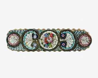 Antique Italian Micromosaic Floral and Foliate Brooch Bar Pin with Beaded Edge and C-clasp