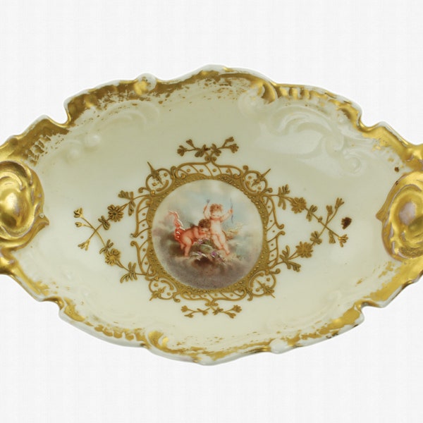 Antique Limoges AK CD Oval Dish Cherub Motif with Raised Gilt Decoration and Hand Enameled Detail, A. Klingenberg and C. Dwenger