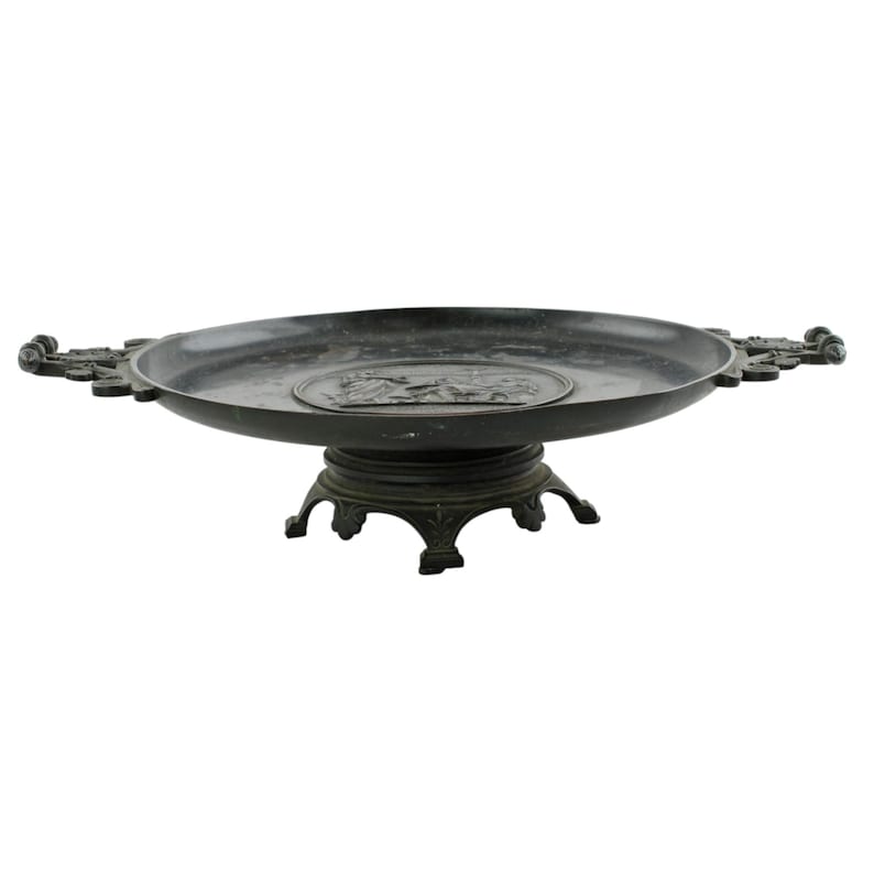 Antique Continental 19th Century Neoclassical Tazza Bronze Relief Plaque VIRGILIVS APVD MECENATEM Palmette Handles and Pinecone Finials image 8