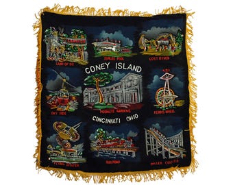 Vintage Coney Island Cincinnati Ohio Amusement Park Souvenir Cushion Cover with Fringe Trim, Original Label