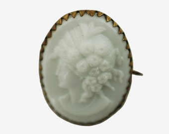 Antique White Glass Cameo Brooch Pin with C-Clasp Demeter Ceres Goddess of the Harvest Made in Czechoslovakia