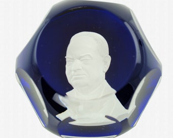 Vintage Limited Edition Baccarat Cobalt Blue French Crystal Paperweight President Herbert Hoover Sulfide Cameo
