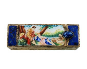 Continental Gilt Silver Lipstick Case Hand Painted Enamel The Sleeping Shepherdess after François Boucher with Pop Up Mirror and Faux Lapis
