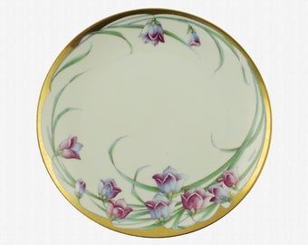 Placa pintada a mano de porcelana alemana antigua firmada Barbarin Fairy Thimble Bellflower Motif LDB & Co Prince Regent Moschendorf