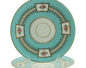 Antique Matched Pair of Hand Enameled Gilded Turquoise 9" Plates with Floral Reserves including Pink Roses