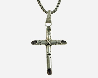 Vintage Sterling Silver Engraved Cross Pendant with Rope Detail and 28" Sterling Silver 2mm Box Link Chain