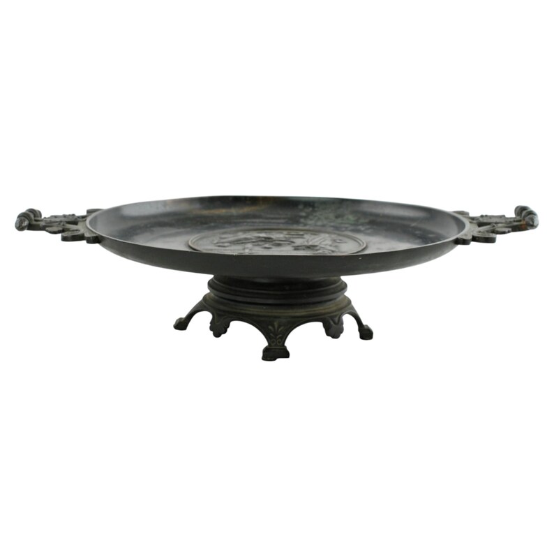 Antique Continental 19th Century Neoclassical Tazza Bronze Relief Plaque VIRGILIVS APVD MECENATEM Palmette Handles and Pinecone Finials image 6