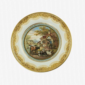 Antique F&R Pratt Plate &quot;The Red Bull Inn&quot;, Signed JA, Harebell Border, 7.125&quot; Plate