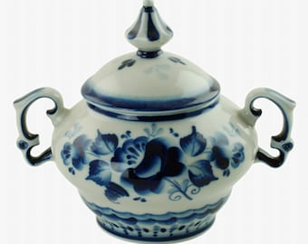 Vintage Gzhel Hand Painted Double Handled Lidded Sugar Bowl with Cobalt Blue Floral Decoration