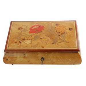 Vintage Italian Birdseye Maple Inlaid Floral Motif Bombe Musical Jewelry Box with Original Key, Sankyo 20-Note Movement, &quot;Greensleeves&quot;