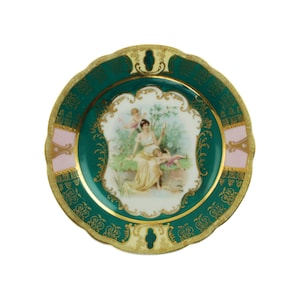 Small Antique Bavarian Porcelain Plate with Raised Gilt, Venus at her Toilette, Woman and Cherubs Garden Scene, Trinket Dish, Catch-All Dish