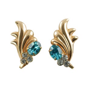 Vintage Unsigned Phyllis Demi Parure Teal and Clear Rhinestone Brooch and Screwback Earring Set, Something Blue Wedding Jewelry image 6