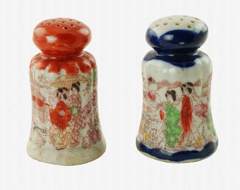 Vintage Japanese Geisha Motif Salt and Pepper Shakers with Original Cork Inserts