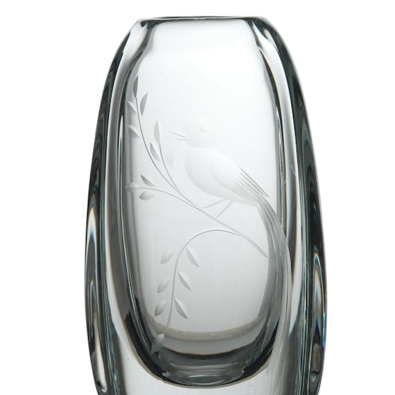 Vintage Kosta Boda Etched Swedish Crystal Vase Bird Perched