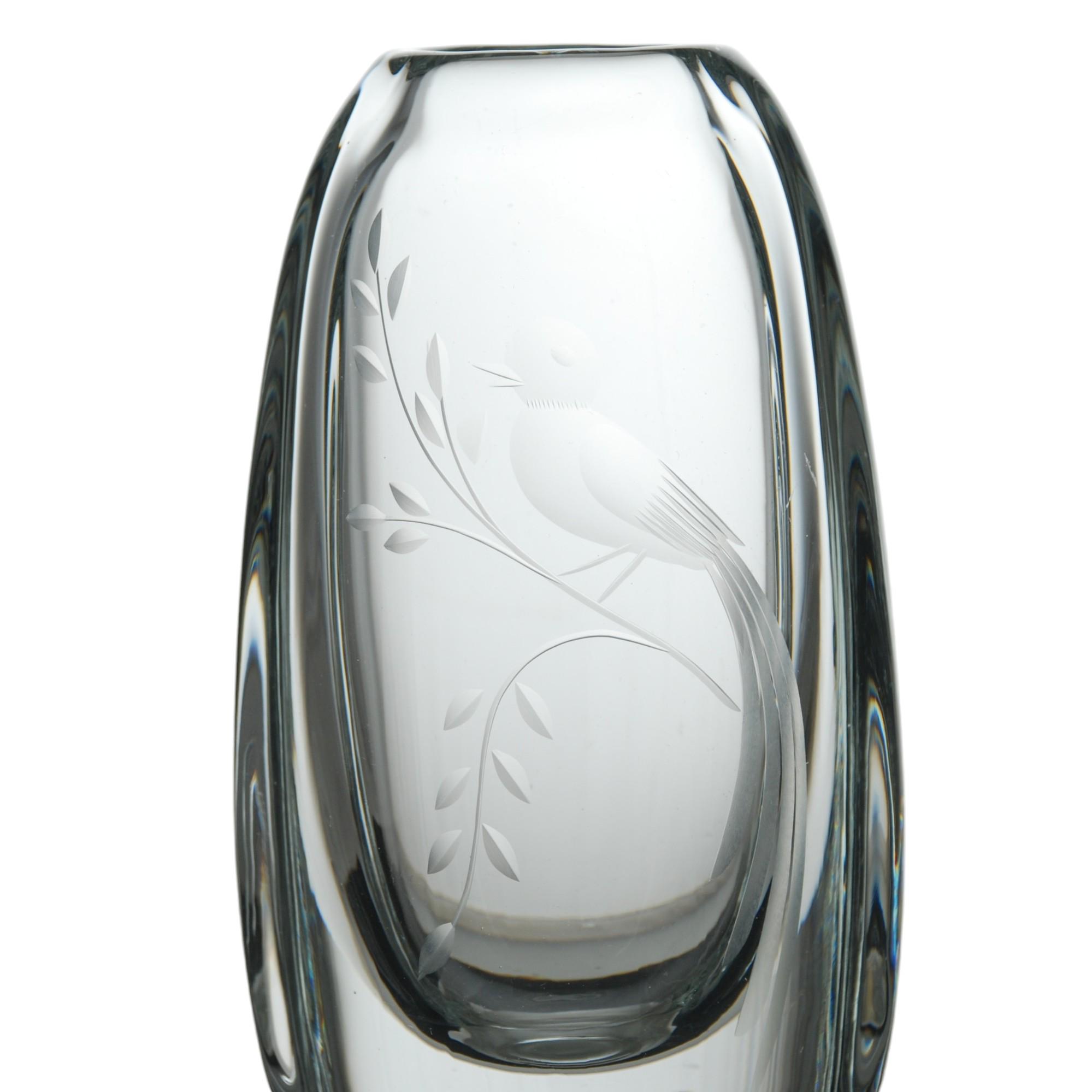 Vintage Kosta Boda Etched Swedish Crystal Vase Bird Perched
