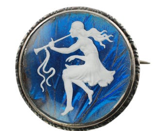 Antique Morpho Butterfly Wing Sulfide Sterling Silver Brooch Pin with C-Clasp, Maiden Playing Horn