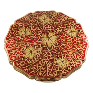Vintage Stratton Princess Mirrored Powder Compact, Red Gold Brown Floral Mosaic Design, Original Sifter, Made in England